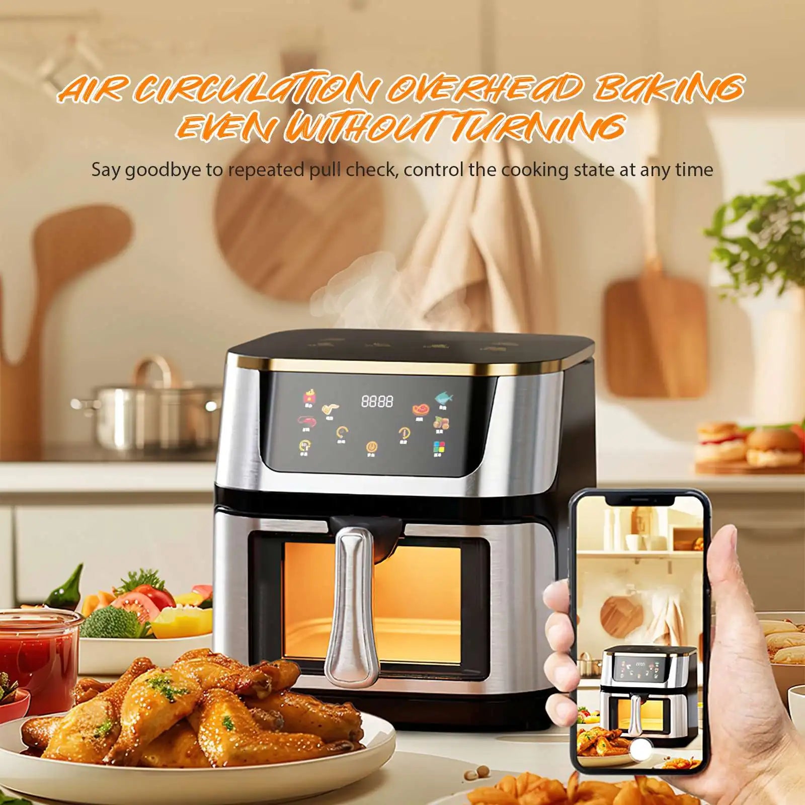 1400W 8L Air Fryer Stainless Steel Visible wide Capacity Electric Oven Touch glass Multifunctional Electric Fryer