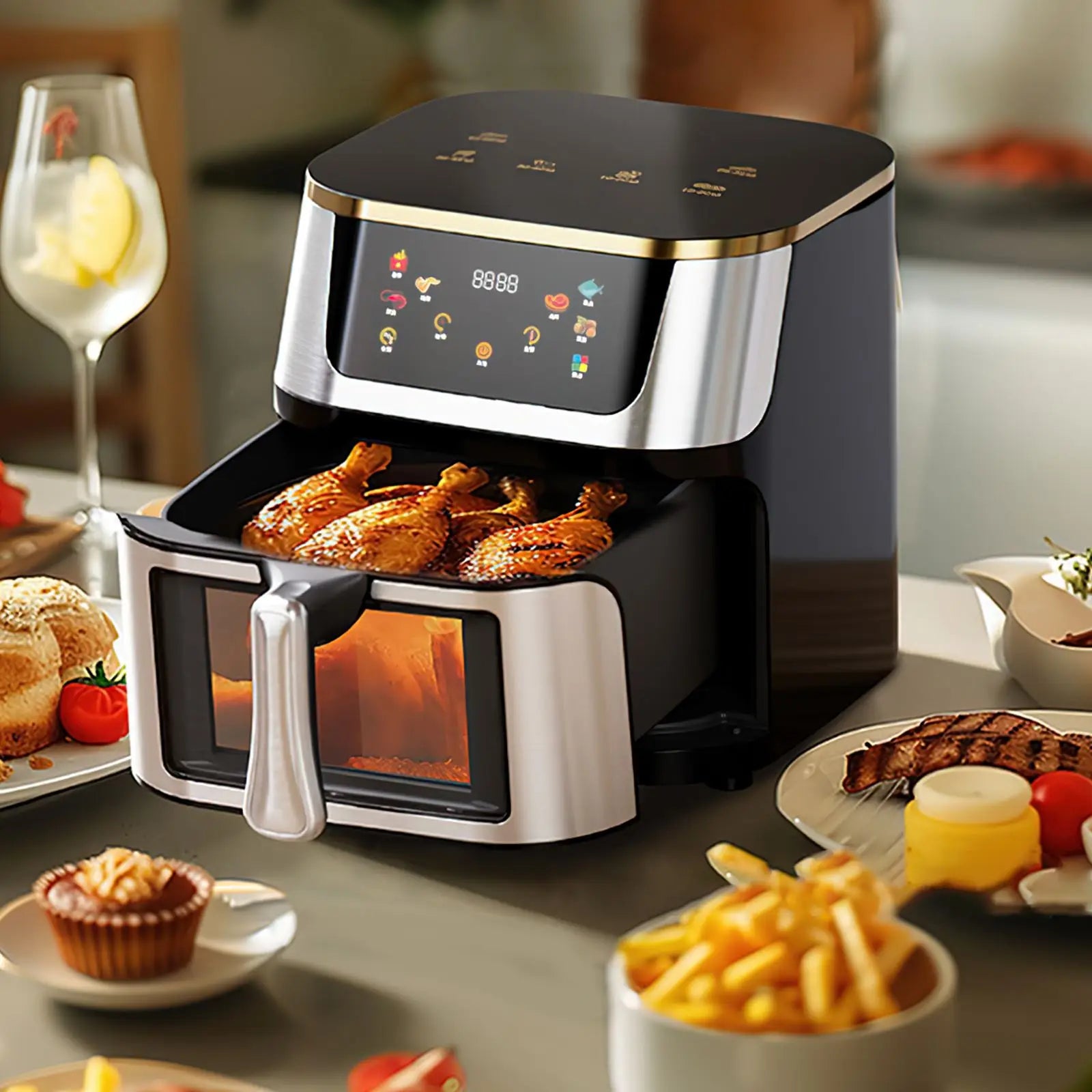 1400W 8L Air Fryer Stainless Steel Visible wide Capacity Electric Oven Touch glass Multifunctional Electric Fryer