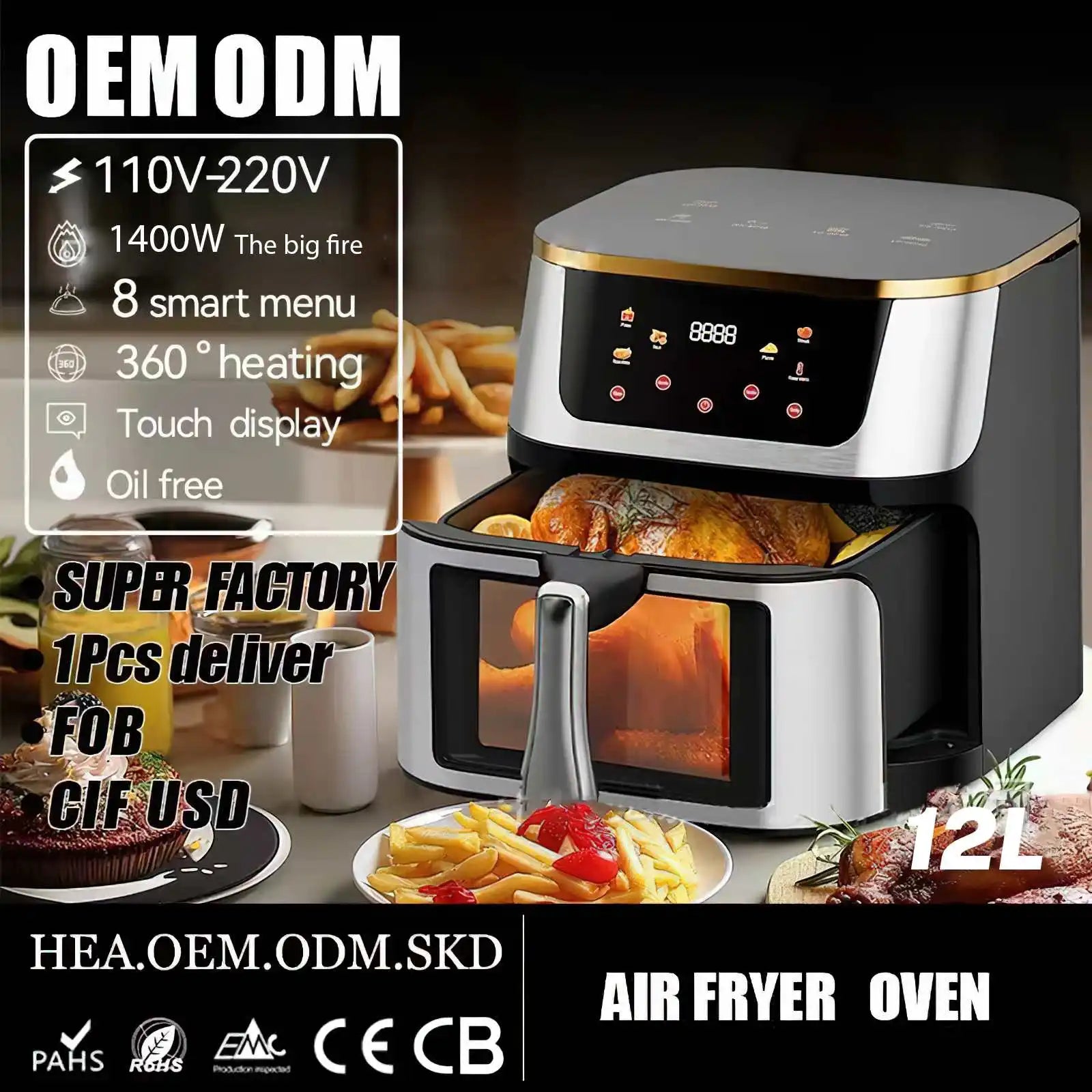1400W 8L Air Fryer Stainless Steel Visible wide Capacity Electric Oven Touch glass Multifunctional Electric Fryer