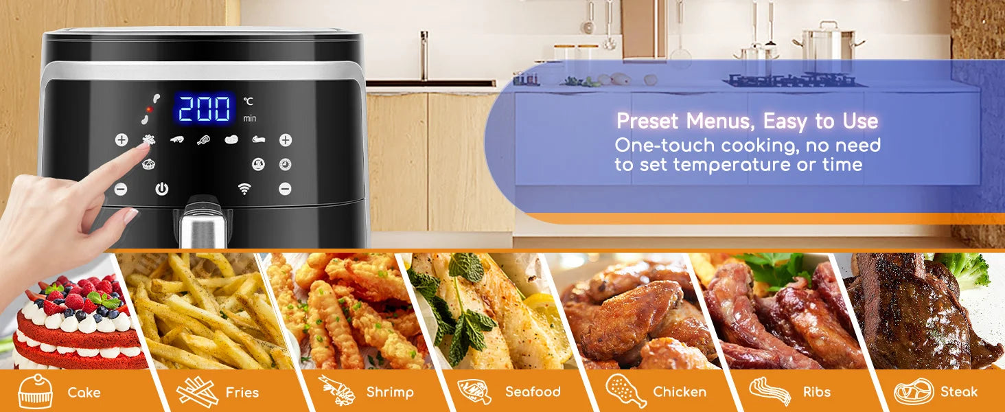 AIGOSTAR 7L 1900W Intelligent Oil Free Air Fryer Wifi connection. LED touch screen, 7 preset functions + keep warm and manual mode, BPA free