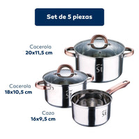 5pc battery steel inox Ø16Ø18Ø20 + frying pan set Ø18Ø22Ø26 + slotted spatula San Ignacio