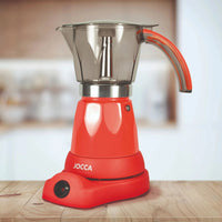 Italian Jocca coffee maker with an electric base that allows the coffee maker to rotate 360 °, a system that keeps the coffee always hot with protection against overheating, compact design, transparent jug and with a cold to