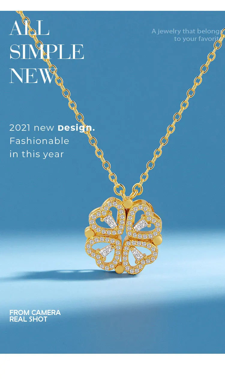 KOFSAC Luxurious Two In One Love Heart Four Leaf Clover Necklace 925 Silver Jewelry Zircon Lucky Grass Fashion Women Girl Gifts