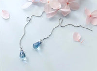 Long Tassel Earrings Literary Blue Crystal Water Droplets Silver Color Dangle Earrings For Women Girl Luxury Jewelry Party Gift