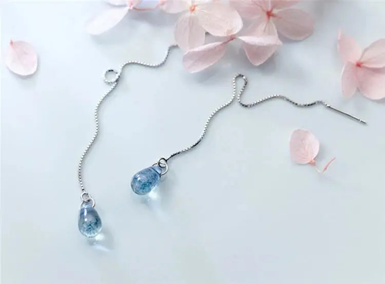 Long Tassel Earrings Literary Blue Crystal Water Droplets Silver Color Dangle Earrings For Women Girl Luxury Jewelry Party Gift