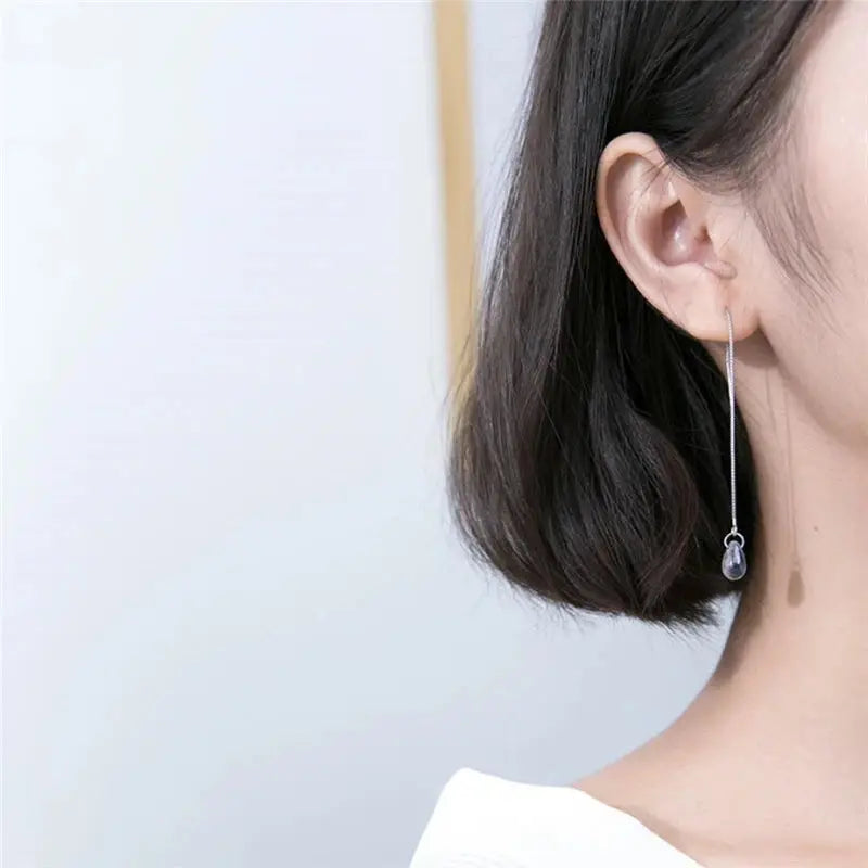 Long Tassel Earrings Literary Blue Crystal Water Droplets Silver Color Dangle Earrings For Women Girl Luxury Jewelry Party Gift
