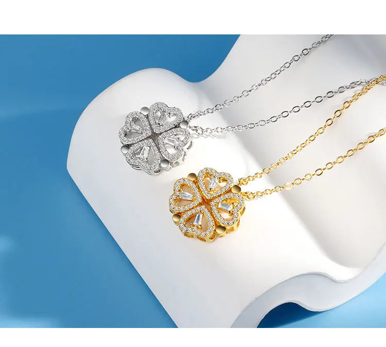 KOFSAC Luxurious Two In One Love Heart Four Leaf Clover Necklace 925 Silver Jewelry Zircon Lucky Grass Fashion Women Girl Gifts