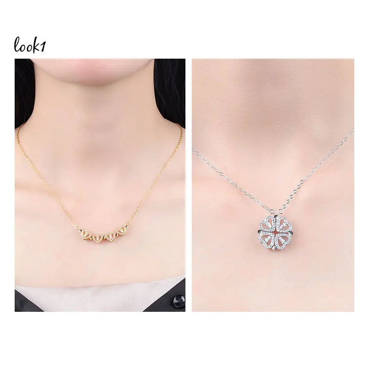 KOFSAC Luxurious Two In One Love Heart Four Leaf Clover Necklace 925 Silver Jewelry Zircon Lucky Grass Fashion Women Girl Gifts