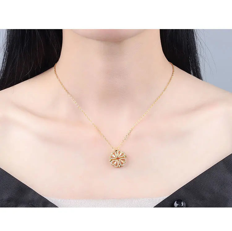 KOFSAC Luxurious Two In One Love Heart Four Leaf Clover Necklace 925 Silver Jewelry Zircon Lucky Grass Fashion Women Girl Gifts