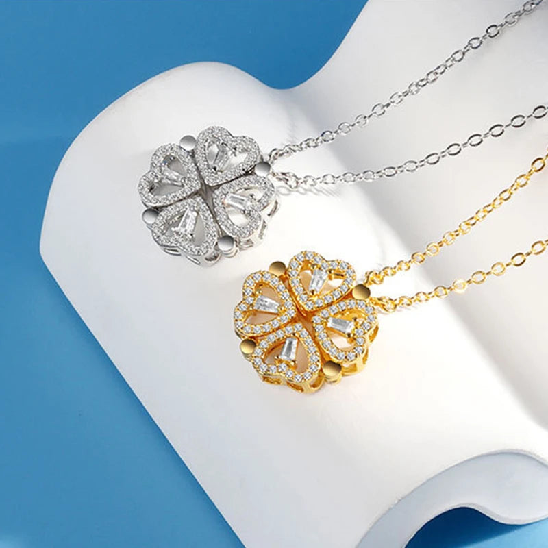 KOFSAC Luxurious Two In One Love Heart Four Leaf Clover Necklace 925 Silver Jewelry Zircon Lucky Grass Fashion Women Girl Gifts