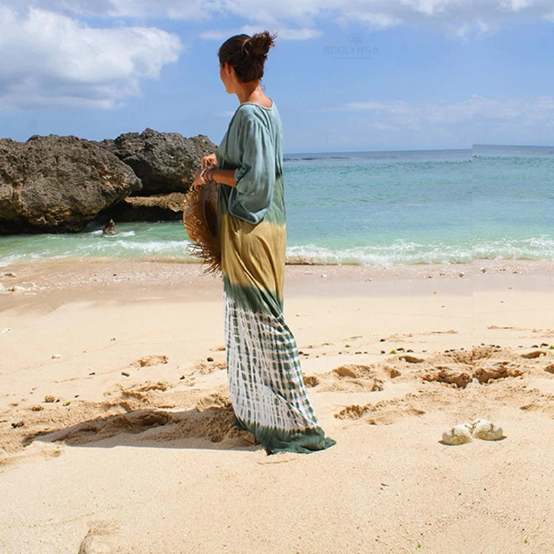 2023 Bohemian Printed V-neck Batwing Sleeve Long Loose Summer Dress For Women Clothes  Streetwear Moroccan Caftan Q831
