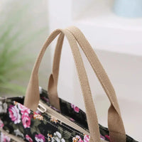 Fashion Floral Print Tote Bag, Portable Canvas Lunch Bag, Women's Casual Handbag & Bento Mommy Bag For Picnic Travel