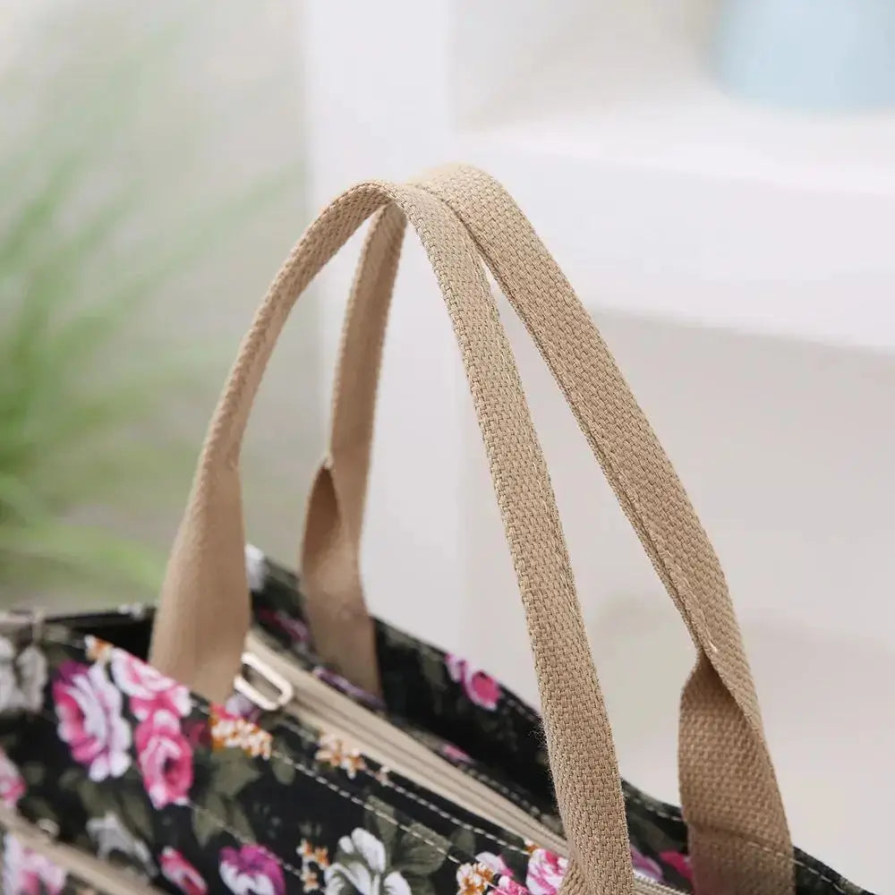 Fashion Floral Print Tote Bag, Portable Canvas Lunch Bag, Women's Casual Handbag & Bento Mommy Bag For Picnic Travel