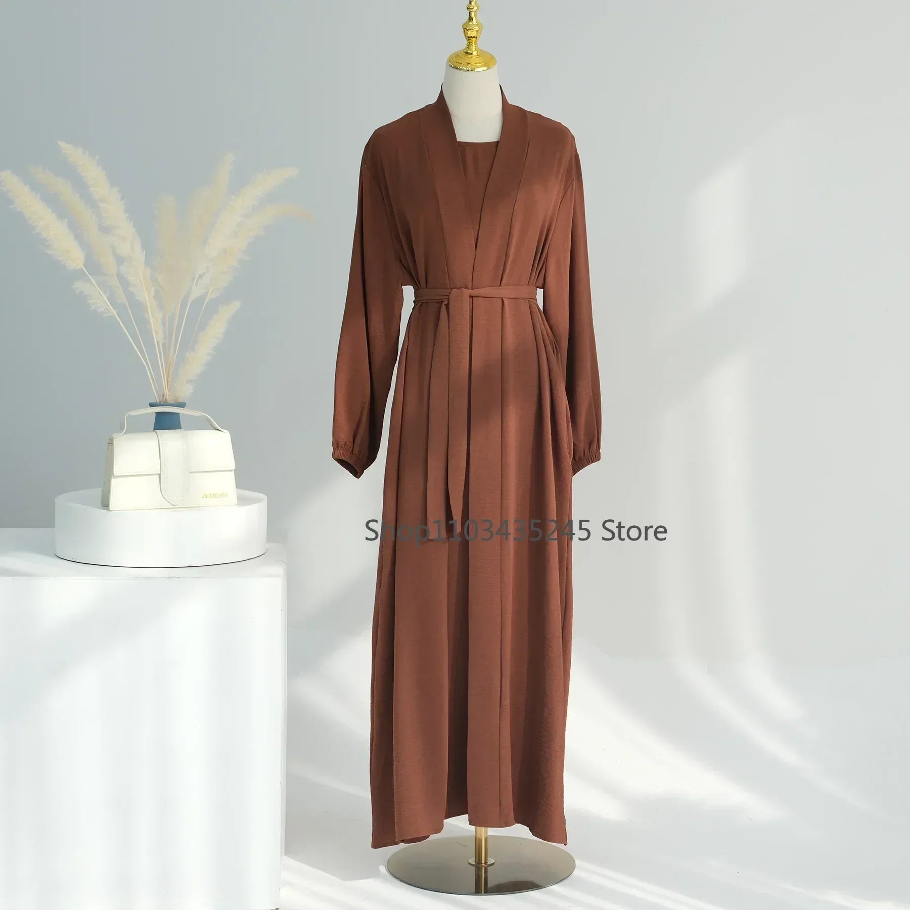 2 Piece Abaya Kimono + Inner Dress Matching Muslim Set Women Dubai Luxury Ramadan Balloon Sleeve Wrinkles Islamic Outfit Kaftan