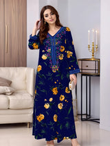 Women Vintage Long Sleeve Abaya Floral Print Muslim Maxi Dress Fashion Sundress Robe Femme Marocain Dubai Turkey Vestido
