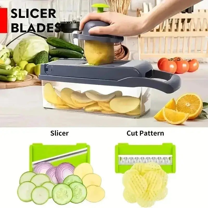 Rebanador de verduras con cuchillas de acero inoxidable para cortes precisos. Incluye accesorios para diferentes tipos de cortes.