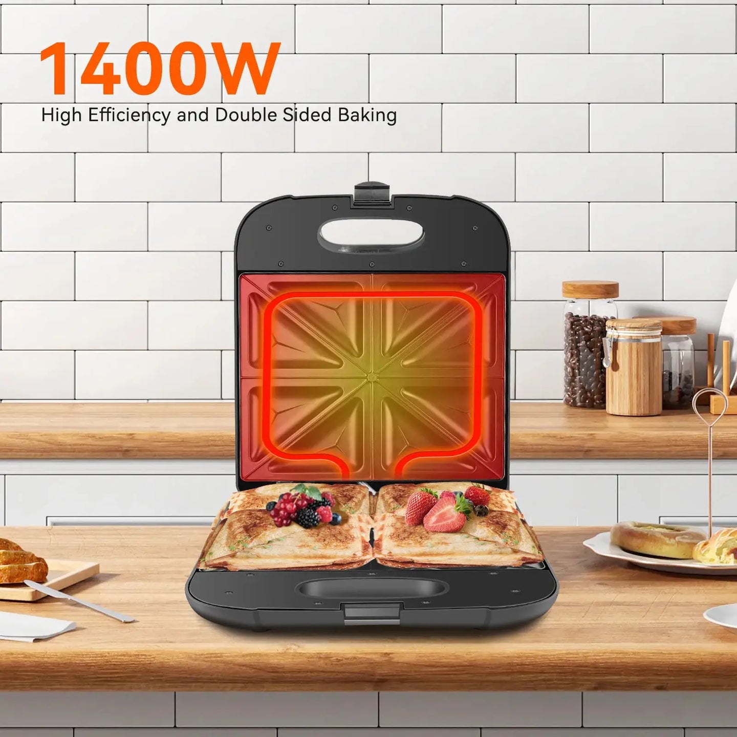 XXL Sandwich Maker for 4 Sandwiches, Non-Stick Coating, Fast Heating, Automatic Temperature Control, Led Indicator, Vertical Storage, Bpa Free, 1400W