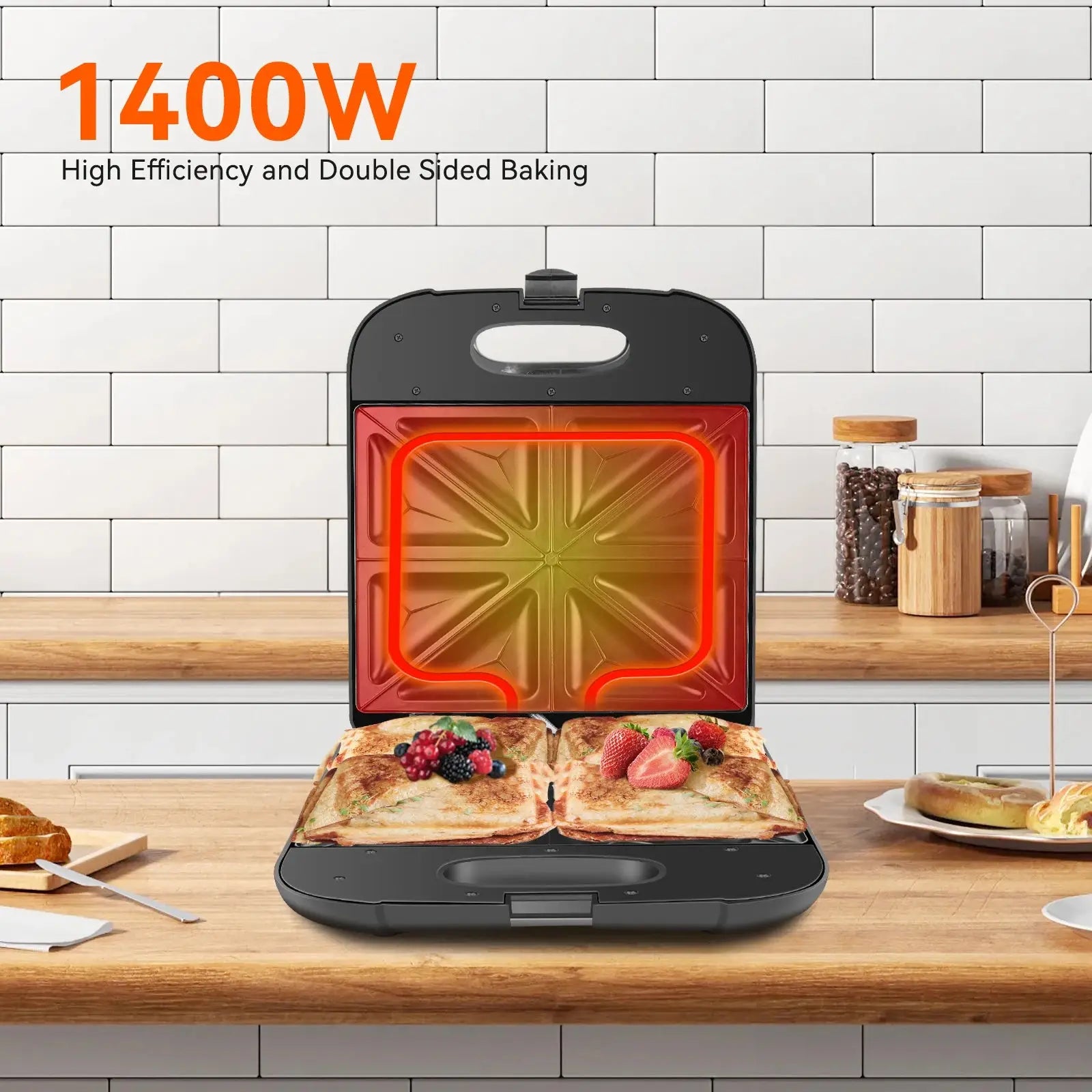 XXL Sandwich Maker for 4 Sandwiches, Non-Stick Coating, Fast Heating, Automatic Temperature Control, Led Indicator, Vertical Storage, Bpa Free, 1400W
