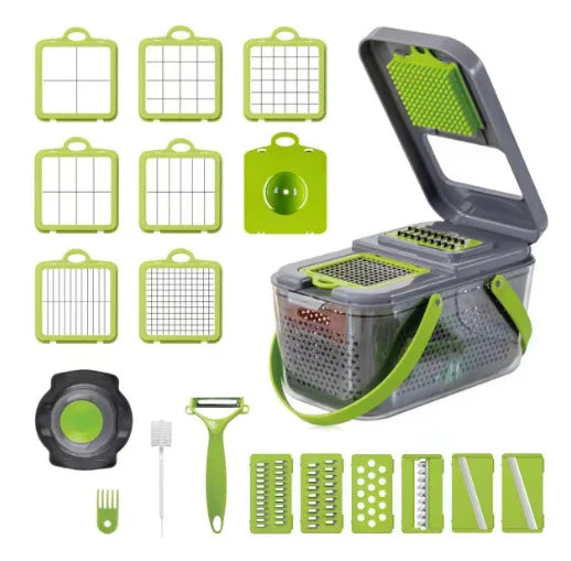 Cortador de verduras con accesorios completos, incluyendo pelador, cepillo de limpieza y diferentes cuchillas para cortes variados.