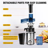 Extractor de jugos de 1000W con piezas desmontables para fácil limpieza. Diseño de acero inoxidable con filtro, apertura ancha y jarra de 500ML.