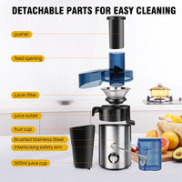 Extractor de jugos de 1000W con piezas desmontables para fácil limpieza. Diseño de acero inoxidable con filtro, apertura ancha y jarra de 500ML.