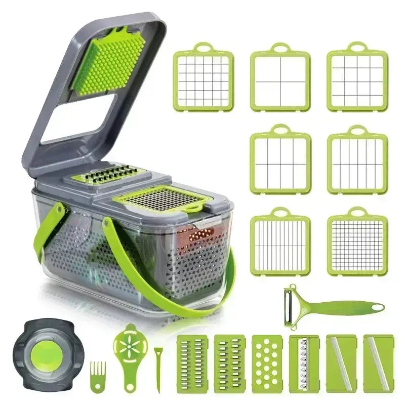 Cortador de verduras 12 en 1 multifuncional y manual con contenedor. Incluye múltiples cuchillas intercambiables para rebanar, rallar y picar fácilmente.