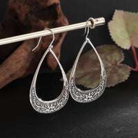 Silver-Plated Carved Flower Drop-Shaped Large Earrings Hypoallergenic Earrings for Women Retro Fashion Casual Party Jewelry