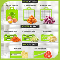 Diferentes cuchillas del cortador de verduras 12 en 1. Incluye opciones para picar en cubos, rallar y rebanar con precisión y facilidad.
