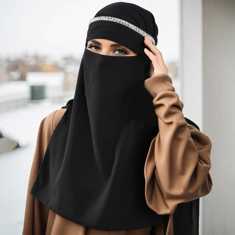 Middle East Chiffon Hijab With Rhinestone Mesh Mask Tie Instant Hijab Islamic Plain Color Scarf Middle East Full Cover Khimars