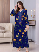 Women Vintage Long Sleeve Abaya Floral Print Muslim Maxi Dress Fashion Sundress Robe Femme Marocain Dubai Turkey Vestido