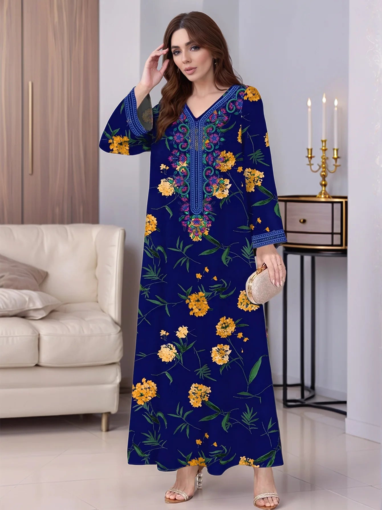 Women Vintage Long Sleeve Abaya Floral Print Muslim Maxi Dress Fashion Sundress Robe Femme Marocain Dubai Turkey Vestido