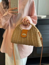 2024 Summer New Artistic Vintage Woven Handbag Single Shoulder Crossbody Bag Beach Vacation Fiberglass Strap Polyester Lining