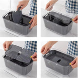 Organizador de cocina con tapa transparente y divisores ajustables. Ideal para almacenar frutas, verduras y utensilios en la nevera o despensa.