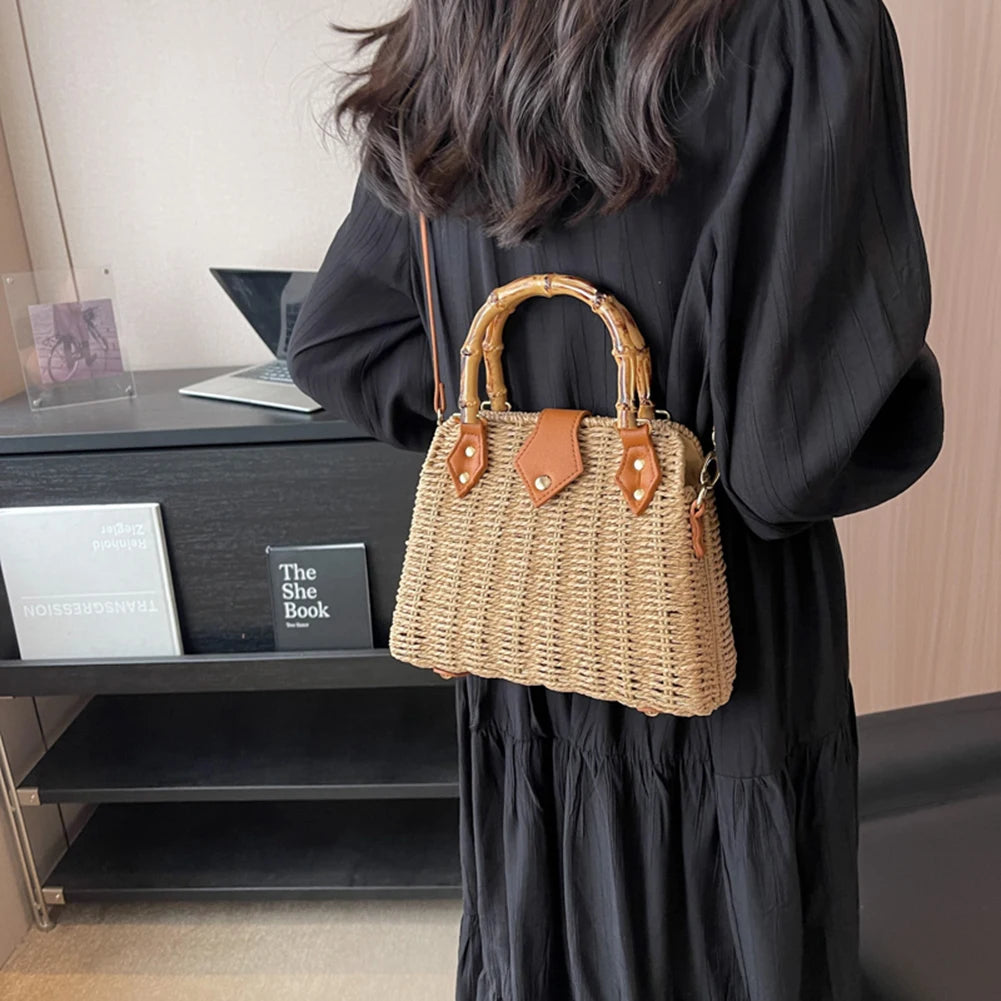 Summer Shoulder Bag Bamboo Handle Ladies Woven Tote Handmade Casual Fashion Simple Portable Adjustable Strap for Seaside Holiday