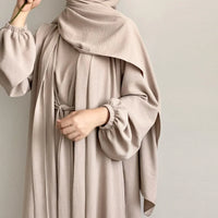 2 Piece Abaya Kimono + Inner Dress Matching Muslim Set Women Dubai Luxury Ramadan Balloon Sleeve Wrinkles Islamic Outfit Kaftan