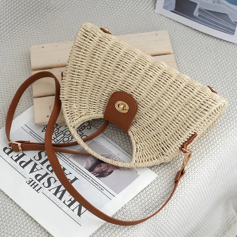 2024 Summer New Artistic Vintage Woven Handbag Single Shoulder Crossbody Bag Beach Vacation Fiberglass Strap Polyester Lining
