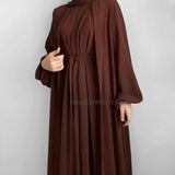 2 Piece Abaya Kimono + Inner Dress Matching Muslim Set Women Dubai Luxury Ramadan Balloon Sleeve Wrinkles Islamic Outfit Kaftan
