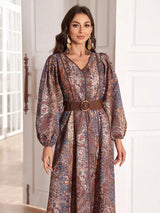 TOLEEN 2024 Fashion Women Spring/Summer Long Elegant Arab Style Lantern Sleeve Caftan Dress With Paisley Flower Print And V-Neck