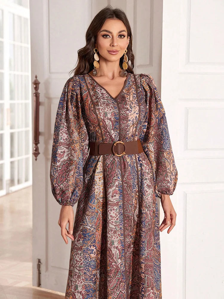 TOLEEN 2024 Fashion Women Spring/Summer Long Elegant Arab Style Lantern Sleeve Caftan Dress With Paisley Flower Print And V-Neck