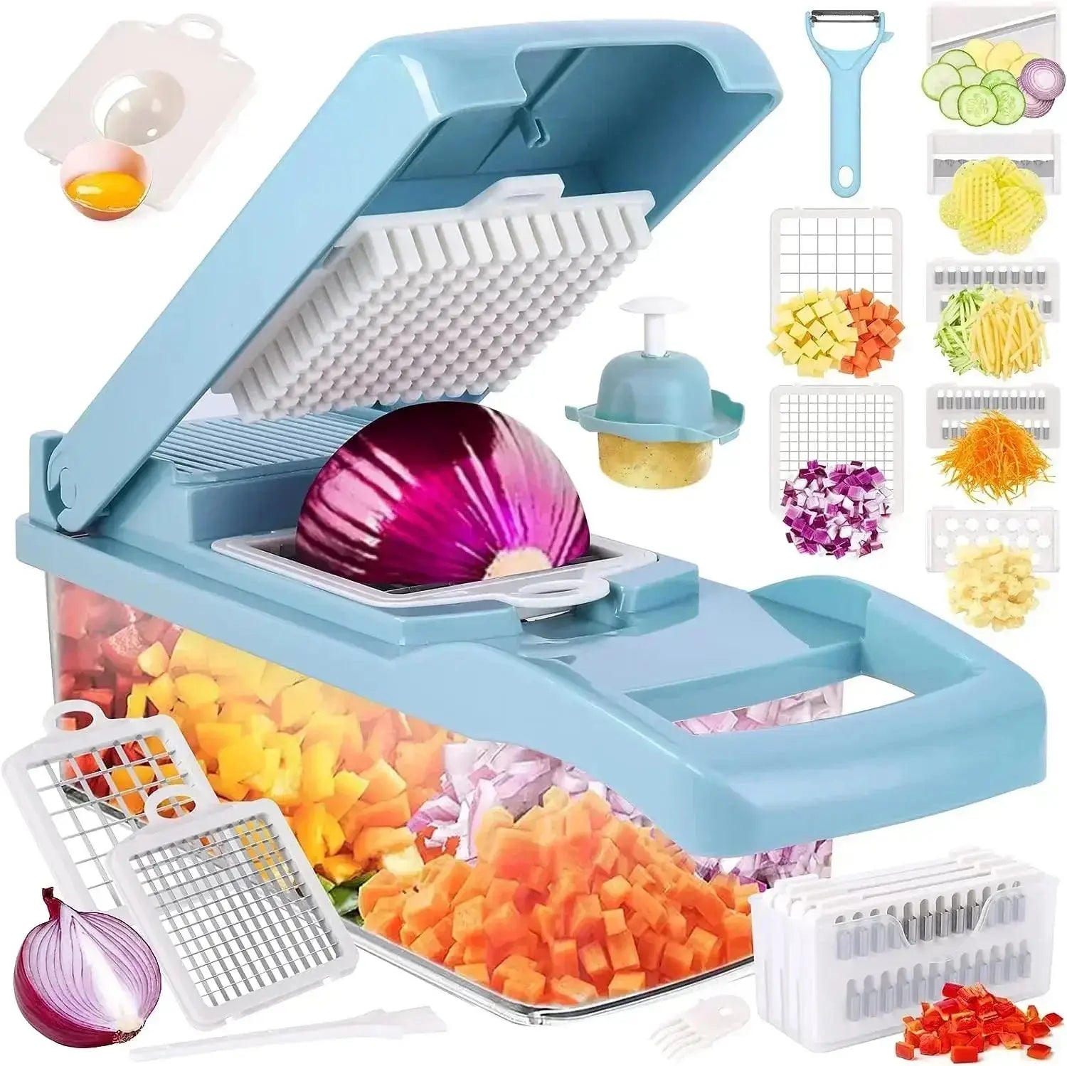 Cortador de verduras 12 en 1 multifuncional y manual con contenedor. Incluye cuchillas intercambiables para picar, rallar y rebanar fácilmente.