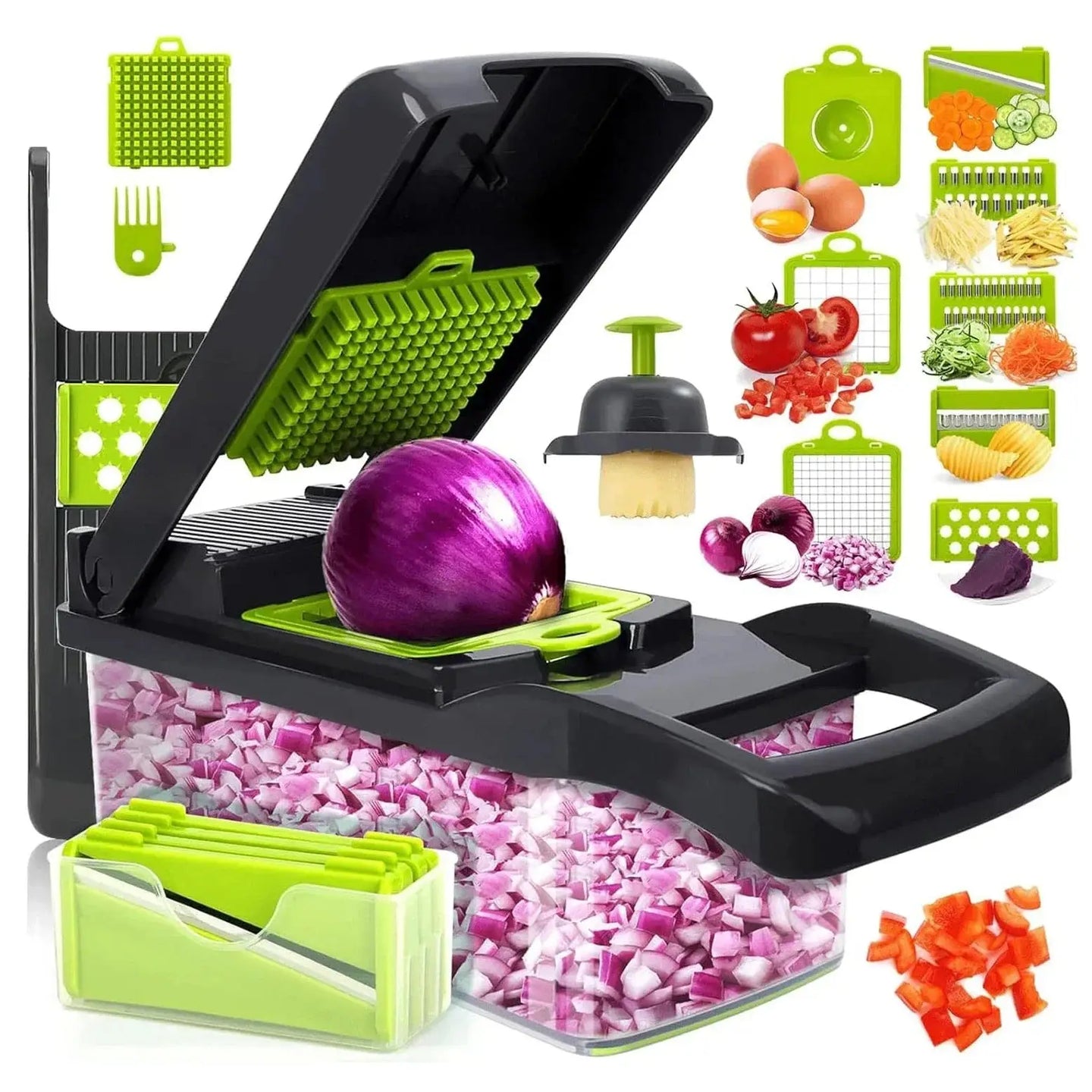 Cortador de verduras 12 en 1 multifuncional con contenedor. Ideal para picar, rallar y rebanar con cuchillas intercambiables de acero inoxidable.