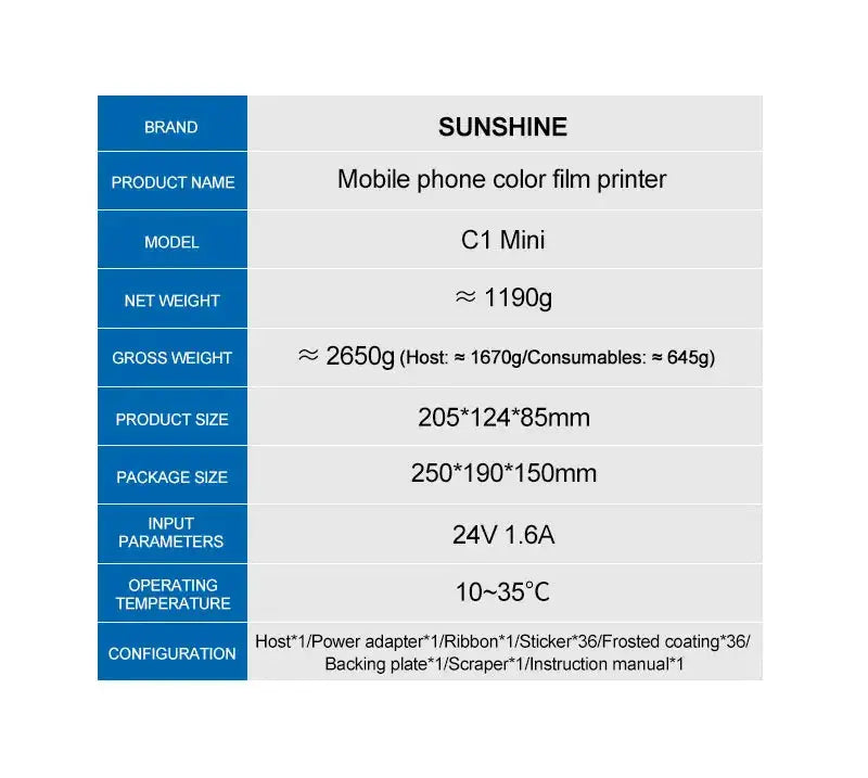 SUNSHINE C1 Mini Color film DIY Printing Printer ，WiFi Direct Connection， assisting Film Cutting Machines ,under 7.5 inches