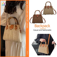Summer Shoulder Bag Bamboo Handle Ladies Woven Tote Handmade Casual Fashion Simple Portable Adjustable Strap for Seaside Holiday