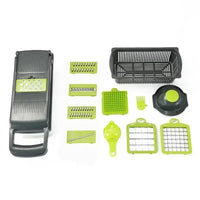 Set completo del chopper de verduras multifuncional con cuchillas y accesorios. Diseño ergonómico y fácil de limpiar.