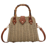 Summer Shoulder Bag Bamboo Handle Ladies Woven Tote Handmade Casual Fashion Simple Portable Adjustable Strap for Seaside Holiday