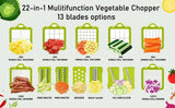 Cortador de verduras 12 en 1 multifuncional con 13 opciones de cuchillas. Incluye rejillas para diferentes tamaños de corte y ralladores.