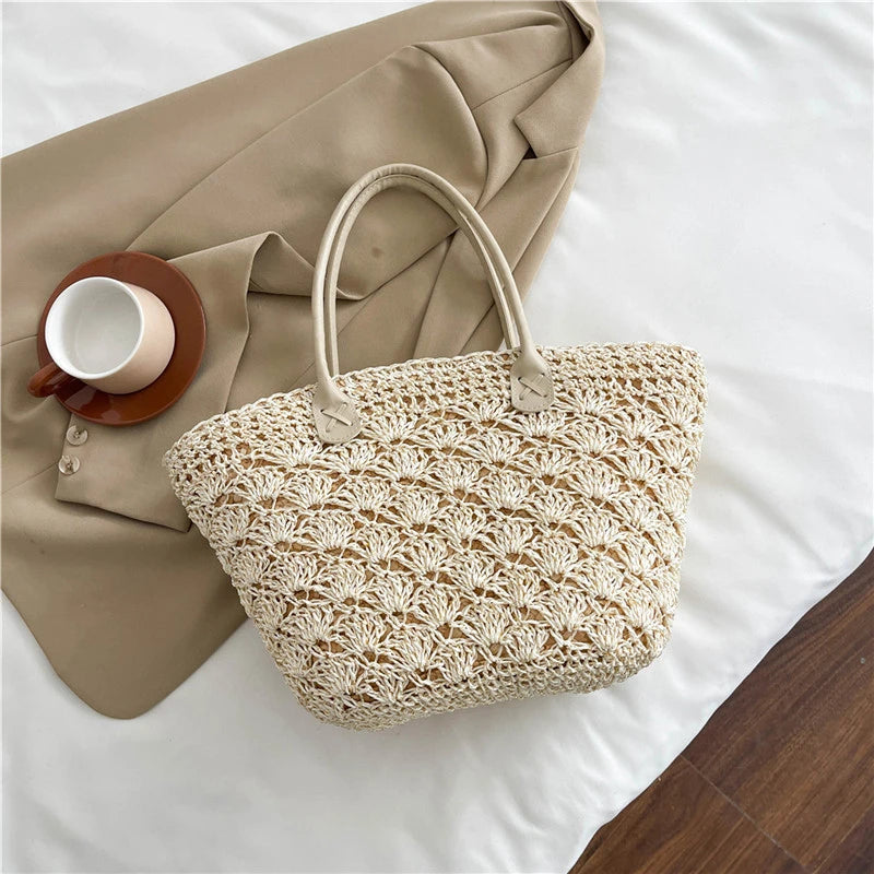 Summer Large Capacity Hand Knitting Straw Bag with Inner Pocket Casual Crochet Beach Handbag Travel Vacation Shopping Tote 2025