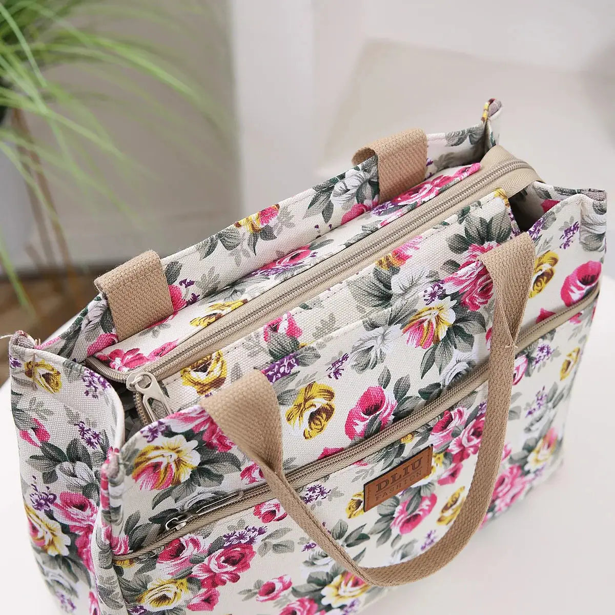 Fashion Floral Print Tote Bag, Portable Canvas Lunch Bag, Women's Casual Handbag & Bento Mommy Bag For Picnic Travel