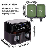 Hot air fryer 2 chambers with viewing window, 10L Double  drawers, Hot air fryer with touch screen 8 auto progrmas