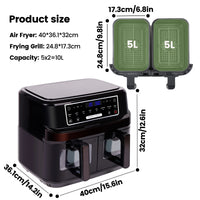 Hot air fryer 2 chambers with viewing window, 10L Double  drawers, Hot air fryer with touch screen 8 auto progrmas